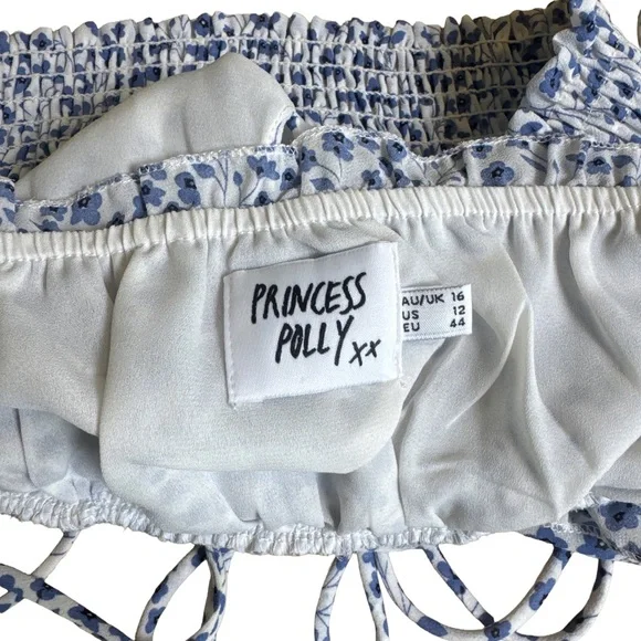 Princess Polly Blue Floral Smocked Crop Top Tie Strap Ruffle Cottagecore Size 12 - Picture 3 of 5